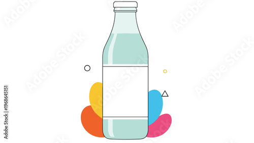 Simple glass bottle icon filled with light blue liquid is positioned against a background of colorful abstract shapes and geometric dots.
