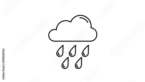 Minimalist line art icon of a fluffy cloud with five falling raindrops represents rainy weather or a storm on a white background.