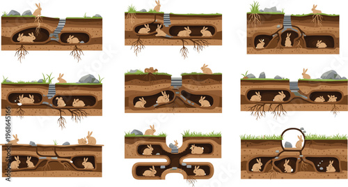 Rabbit burrow underground system illustration set with tunnels, nests and habitat sections, wildlife nature vector collection design