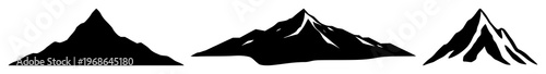 Mountain peak icon set with solid black illustration on white background featuring mountains, peaks, silhouette with iconography and design
