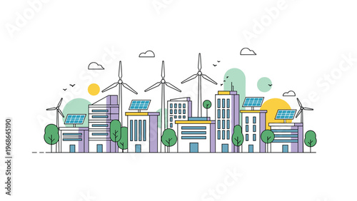 Sustainable green city features modern buildings powered by large wind turbines and solar panels under a clear sky with fluffy clouds.