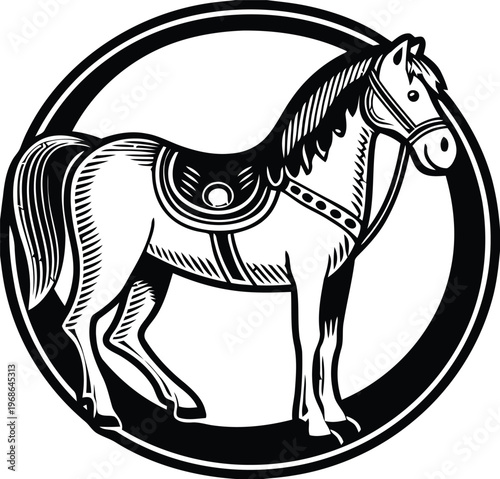 A classic black and white illustration of a saddled horse enclosed within a circular border frame