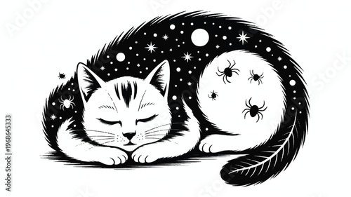 A serene cat sleeps peacefully curled up under a starry night sky with spiders.
