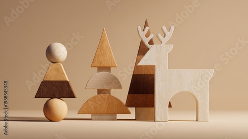 Colorful wooden toys depicting a tree and a deer. These playful shapes invite creativity and imagination in children. Ideal for decoration or educational purposes. AI