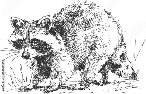 Detailed black and white ink drawing of a raccoon walking on grassy ground with textured fur