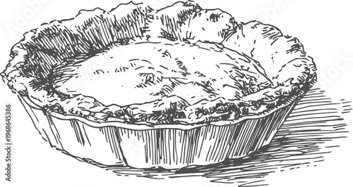 Classic homemade pie with golden crust in a round baking dish, vintage sketch illustration