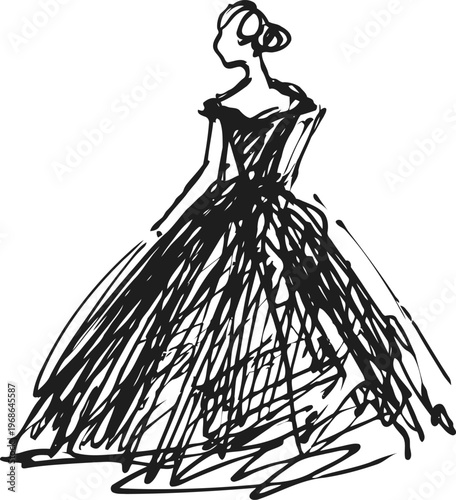 elegant woman in flowing ball gown sketch fashion illustration with dynamic lines and classic silhouette art