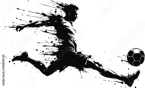 Dynamic soccer player silhouette kicking a ball, splattered ink sport illustration