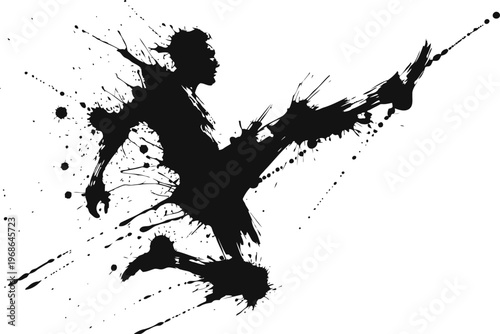 dynamic soccer player silhouette kicking ball with splash ink effect, sports action art