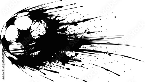 Dynamic black and white soccer ball splash fast motion football graphic with ink splatter effect