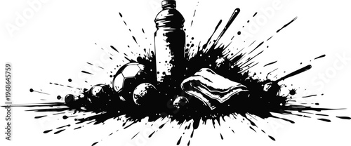 sports gear and water bottle silhouette with grunge splatter background