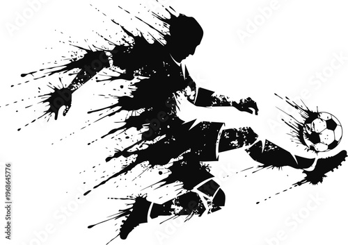 Dynamic soccer player kicking ball silhouette with abstract splatter motion effect