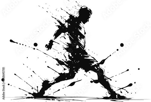 Abstract black ink splatter silhouette of a soccer player kicking the ball in dynamic motion