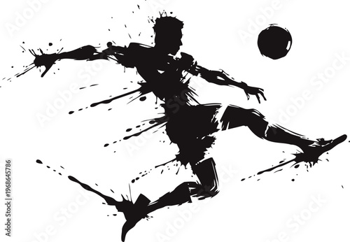 Soccer player kicking ball ink splash silhouette action dynamic sports illustration