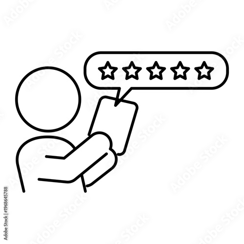 スマホでレビューを確認している人の線画アイコン