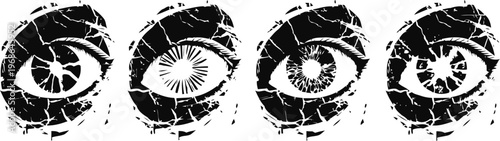 Grunge textured eye illustrations with spiral and starburst pupil designs, circle frames with distressed effect