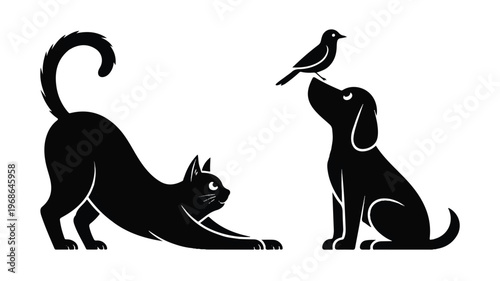 A black and white illustration shows a cat and dog with a bird on dog's head