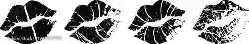 four black grunge kiss lips prints in a horizontal row, distressed texture, love and passion symbol