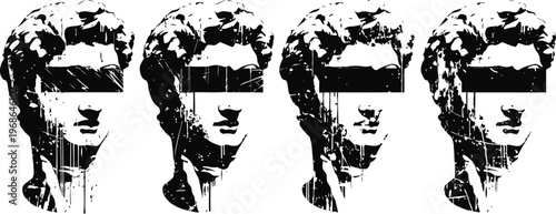 Ancient classical marble bust with pixelated eyes glitch effect, vintage sculpture, digital distortion art