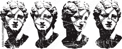 vintage artistic bust sculpture of female head, antique classical statue, textured aged effect