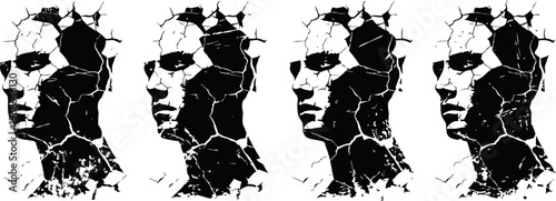 abstract cracked face silhouettes in a row, human profile with broken texture effect
