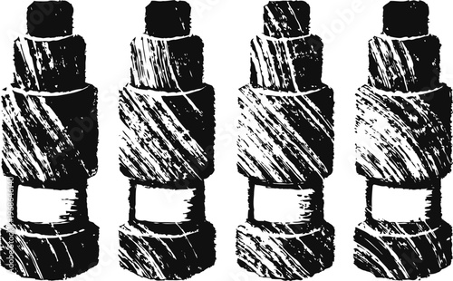 Set of wooden chess pawns in textured vintage with rustic rough surfaces