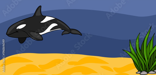 Cute Orca Killer Whale Swimming in Underwater Ocean Vector Banner