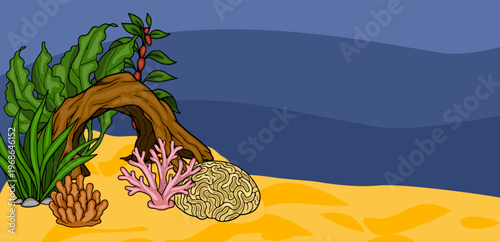 Vibrant underwater vector banner with driftwood, coral, and seaweed on sandy seabed