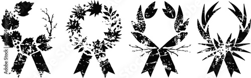 four black and white floral wreaths with ribbon bows in various decorative styles