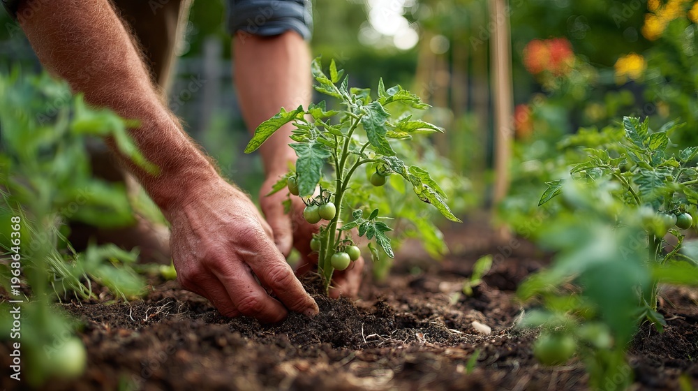 Fototapeta premium Gardener puts tomato plants into a bright garden spot.