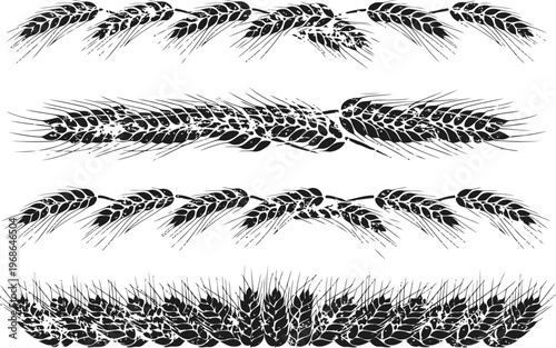 Wheat ears borders and decorative elements set grain, agriculture, harvest, natural farming designs