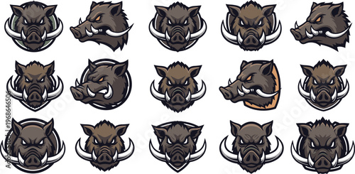 Wild boar mascot logo collection with aggressive head designs, tusks and strong animal emblems, modern vector illustration set