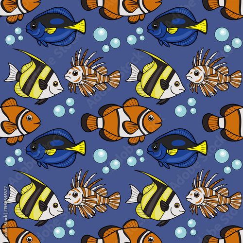 Seamless vector pattern of colorful tropical fish and bubbles on a deep blue background
