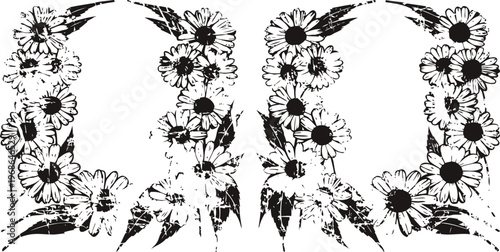 floral frame border with sunflowers and leaves in black and white, hand drawn garden illustration