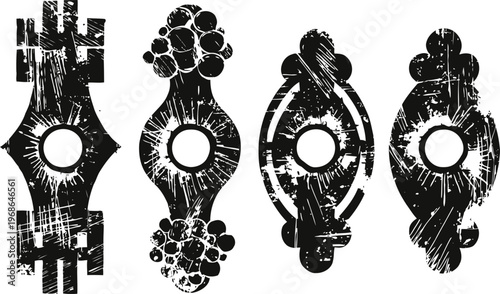 abstract tribal ethnic symbols set, black grunge ornamental elements with textured scratched effect