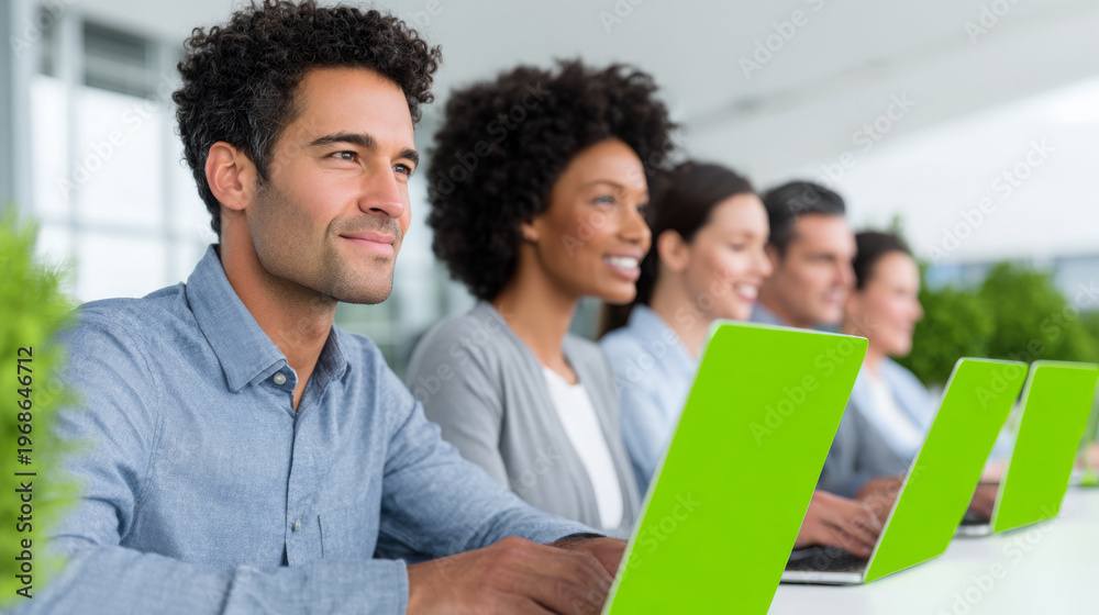 Fototapeta premium Group of diverse professionals working on laptops with green screens in a modern office environment, focused on their tasks and collaborating effectively
