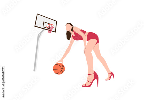 Flat illustration of a woman playing basketball in high heels featuring International Womens Day empowerment concept