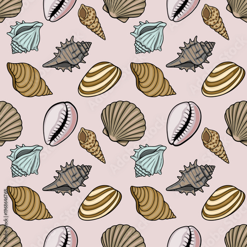 Seamless vector pattern of assorted seashells in various natural colors and textures, perfect for summer beach themes.