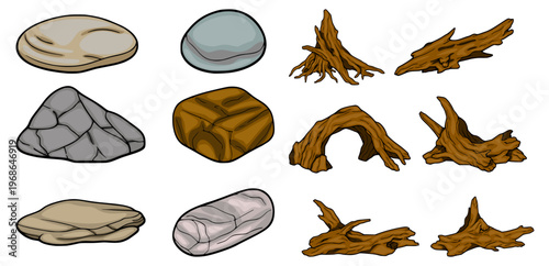 Set of isolated vector illustrations of smooth river stones and weathered driftwood elements