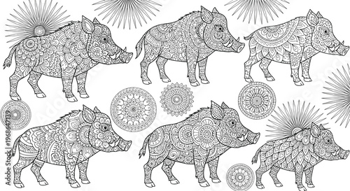 Intricate wild boar mandala illustration set with ornate patterns, detailed animal line art, decorative coloring page vector collection