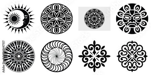 Black and white mandala icons, vector set, 8 decorative symbols, geometric patterns