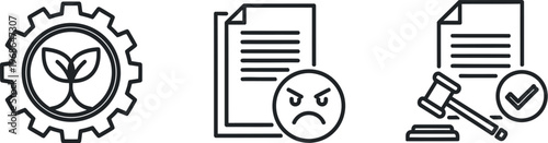 Black line icons of gear with seedling, unhappy document, and gavel