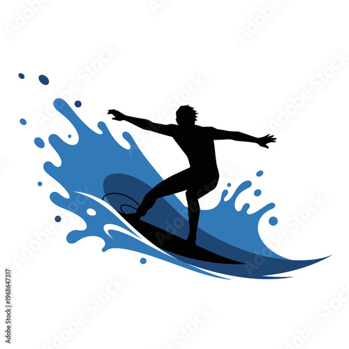 Silhouette Surfer Riding Blue Wave, Dynamic Water Splash, Extreme Sports Vector Art