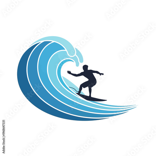 Silhouette Surfer Riding Crashing Blue Ocean Wave