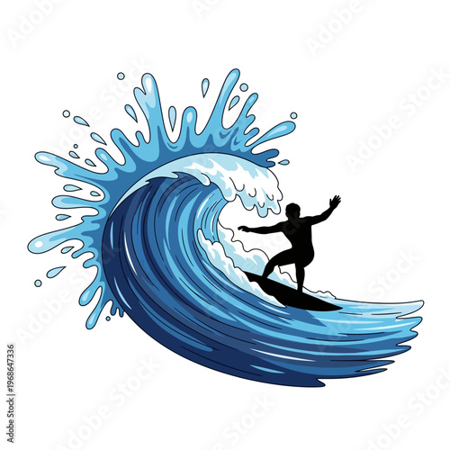 Silhouette Surfer Riding Big Blue Ocean Wave, Dynamic Water Splash
