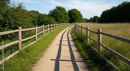 Pathway through the countryside with wooden fence and shadows.
