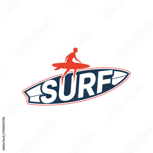 Silhouette surfer riding surfboard with word SURF, dynamic water sport logo