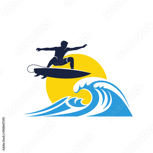Silhouette Surfer Riding Wave Below Sun - Action Sport Vector Illustration