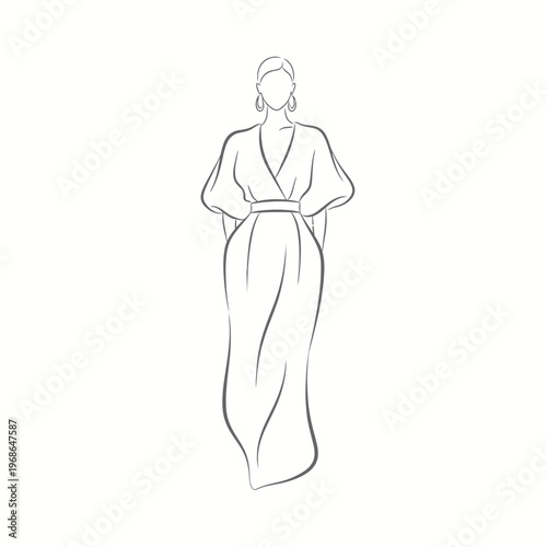 Elegant fashion illustration of a woman in a flowing maxi dress with puff sleeves and statement earrings.