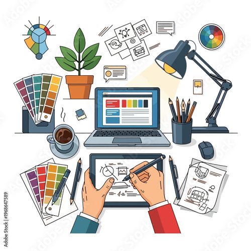Creative Design Process: Workspace with Laptop, Tablet, Color Swatches & Drawing Tools
